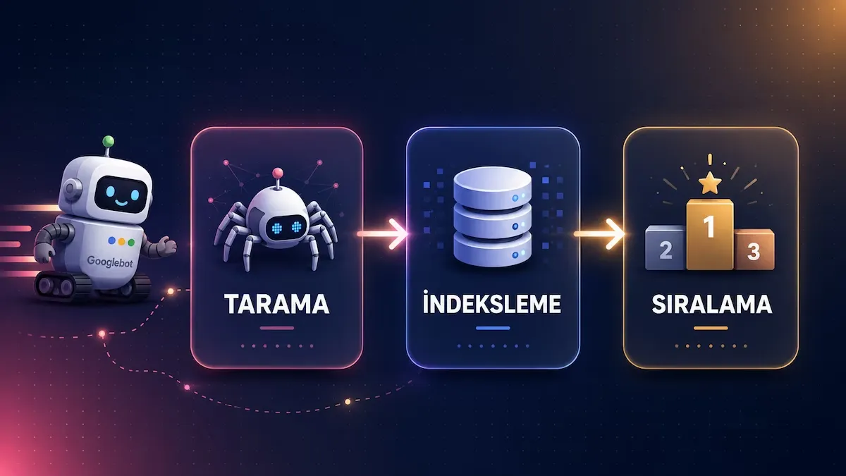 Tarama, indeksleme ve sıralama aşamalarını gösteren arama motoru çalışma şeması