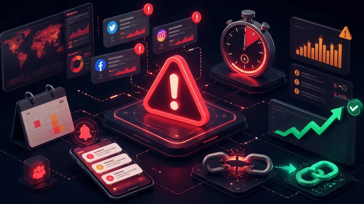 Dijital pazarlama kriz yönetimi ve hata tespitini gösteren modern dashboard görseli