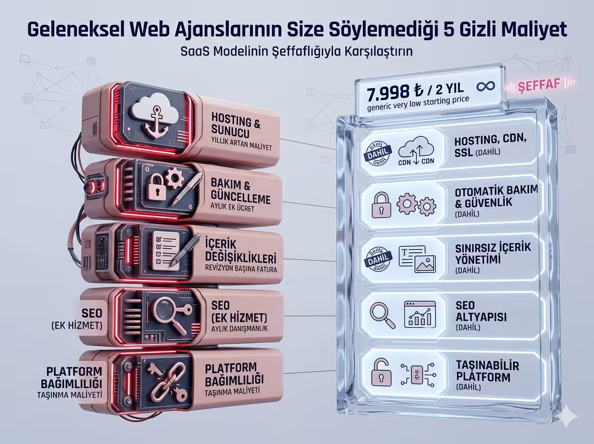 Geleneksel web ajanslarının gizli maliyetlerini gösteren karşılaştırma görseli