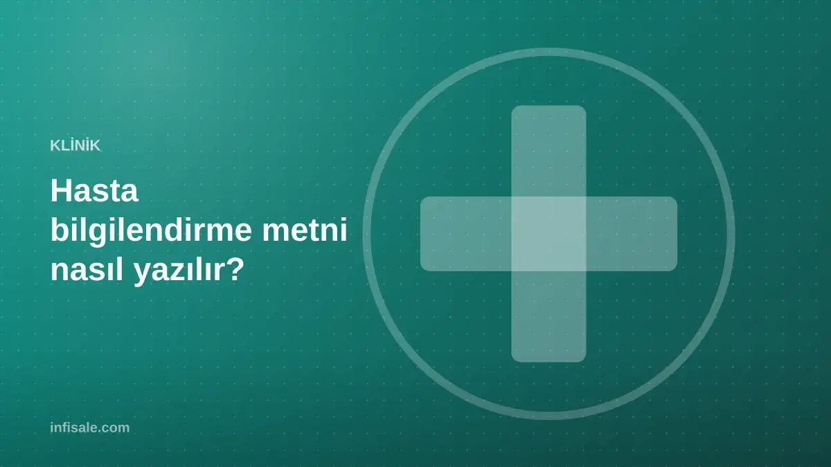 Kapak görseli: "Hasta bilgilendirme metni nasıl yazılır?" başlığı, yeşil-mavi degrade zemin üzerinde daire içinde sağlık haçı