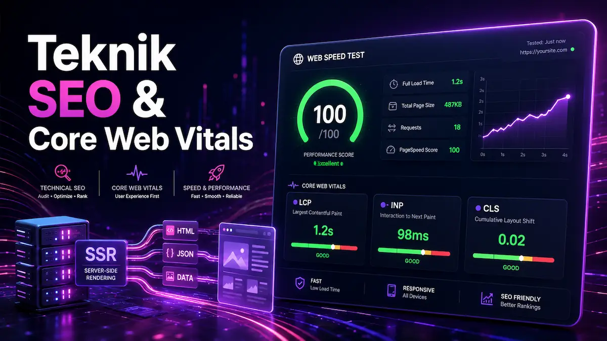 Teknik SEO ve Core Web Vitals analiz panelini gösteren illüstrasyon