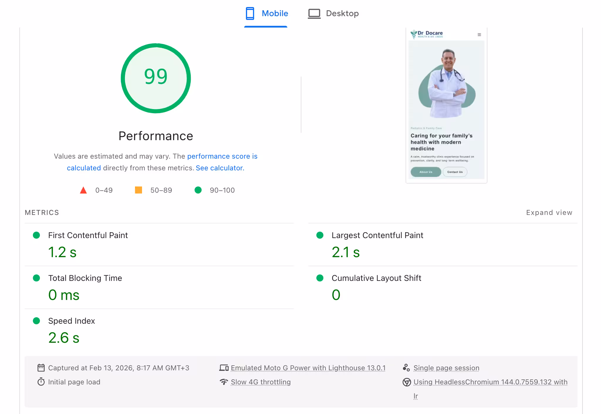 Docare temasının mobil hız sonuçları
