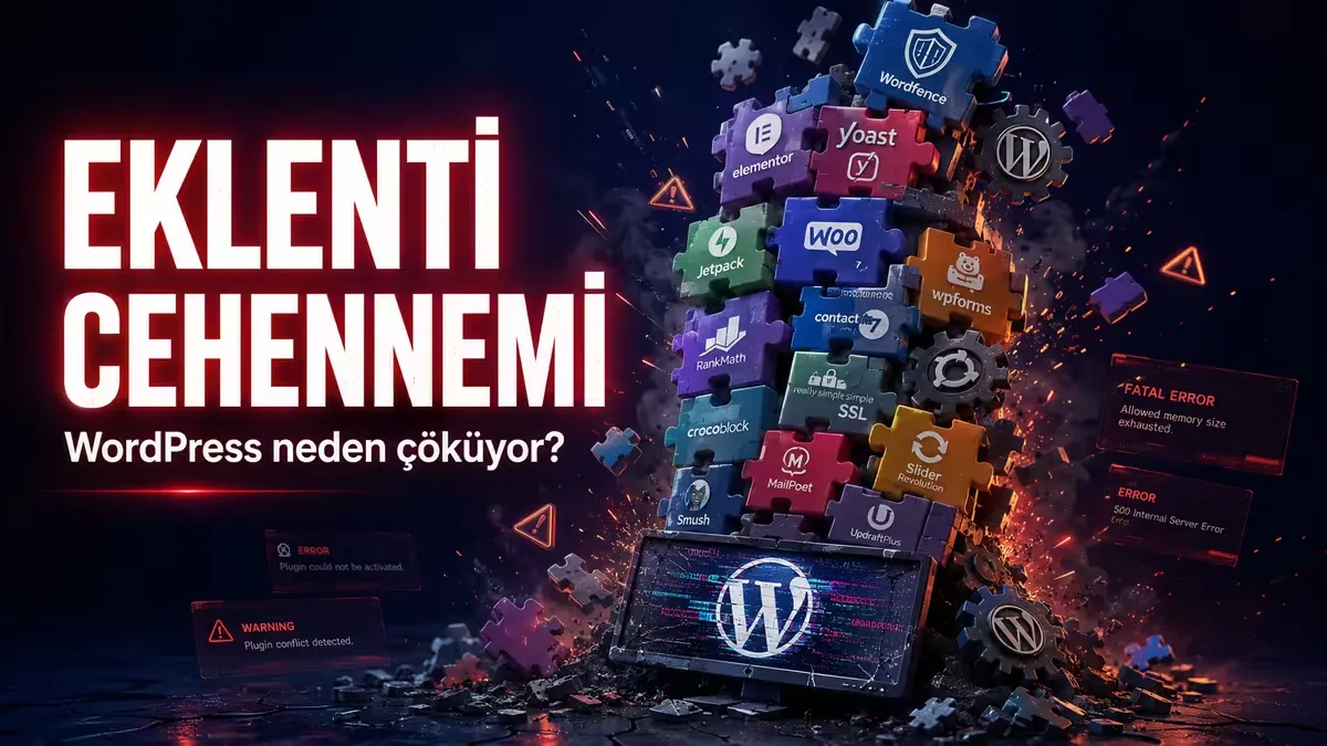 WordPress eklenti karmaşasını ve çöken bir web sitesini gösteren görsel